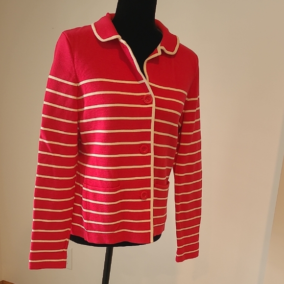Talbots Pink White Stripe Cardigan Sweater Blazer Size M Button Front - Picture 1 of 7
